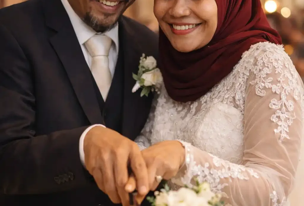 Memotong kue pengantin bersama