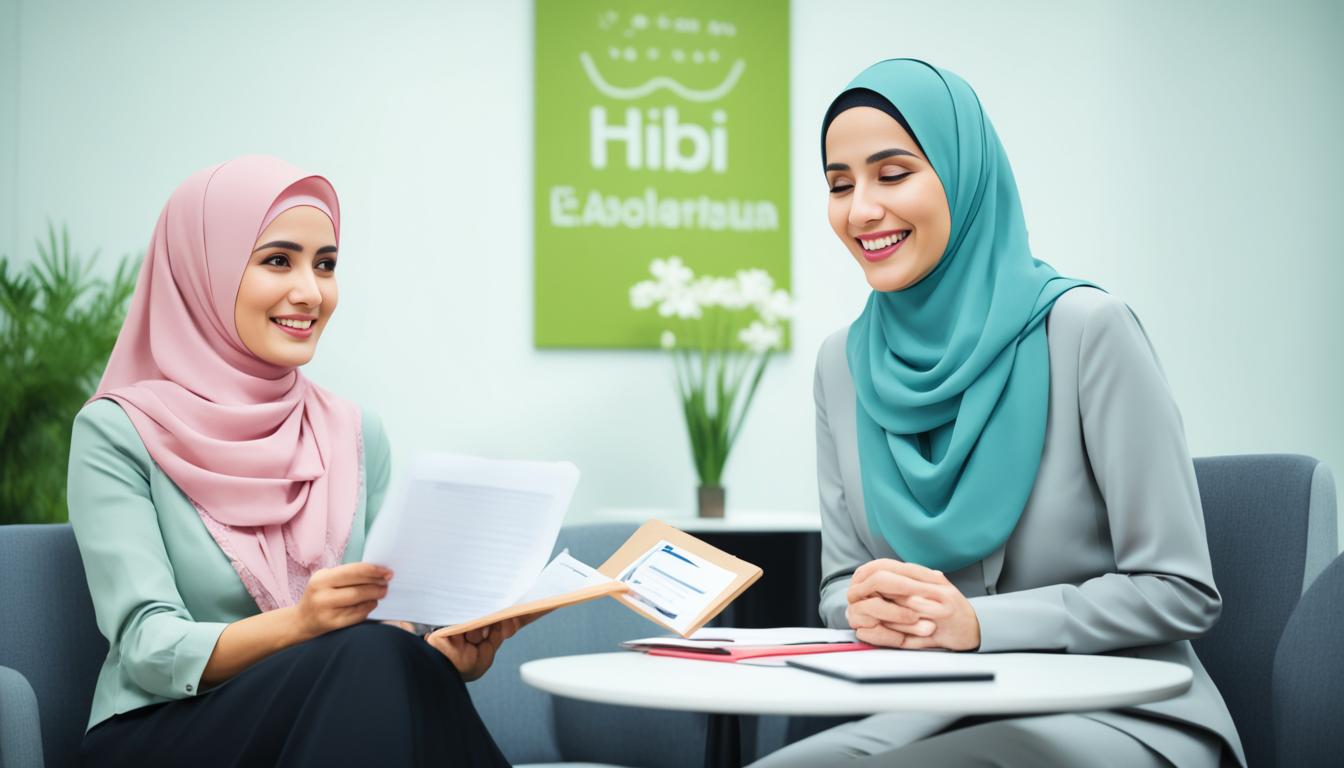 Sesi Konseling Pernikahan di Jogja Dua wanita berhijab berdiskusi serius di ruang konseling.