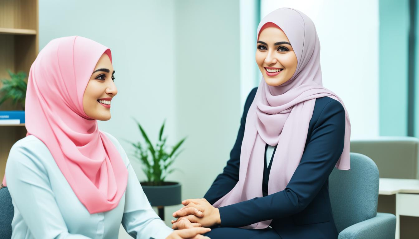 Konseling Pernikahan dengan Pendekatan Positif Dua wanita berhijab tersenyum dalam sesi konseling pernikahan.