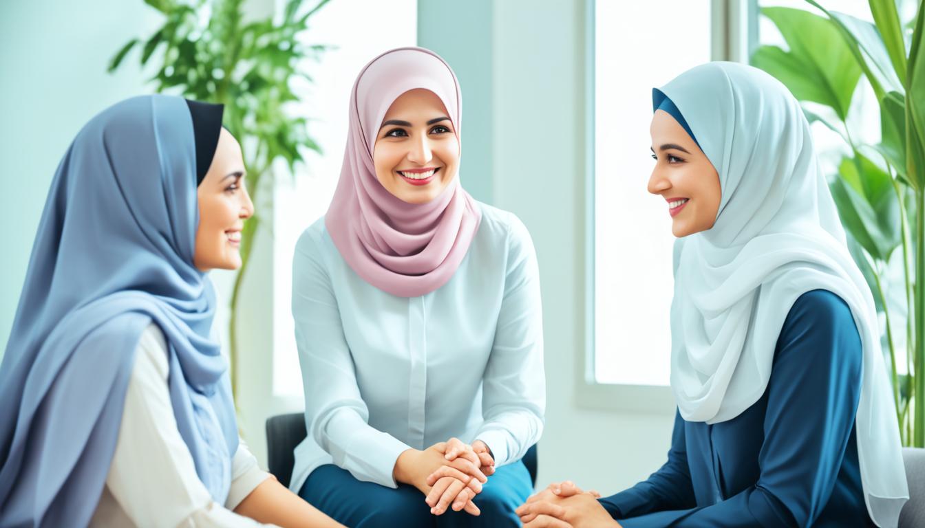 Sesi Diskusi Kelompok untuk Pasangan Tiga wanita berhijab dalam diskusi kelompok di ruang konseling.