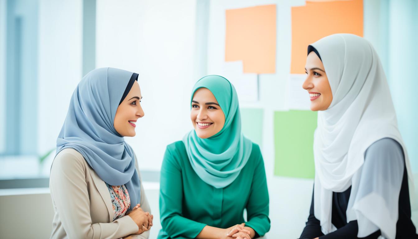 Pendekatan Bersahabat dalam Konseling Pernikahan Dua wanita berhijab tersenyum dalam sesi konseling.