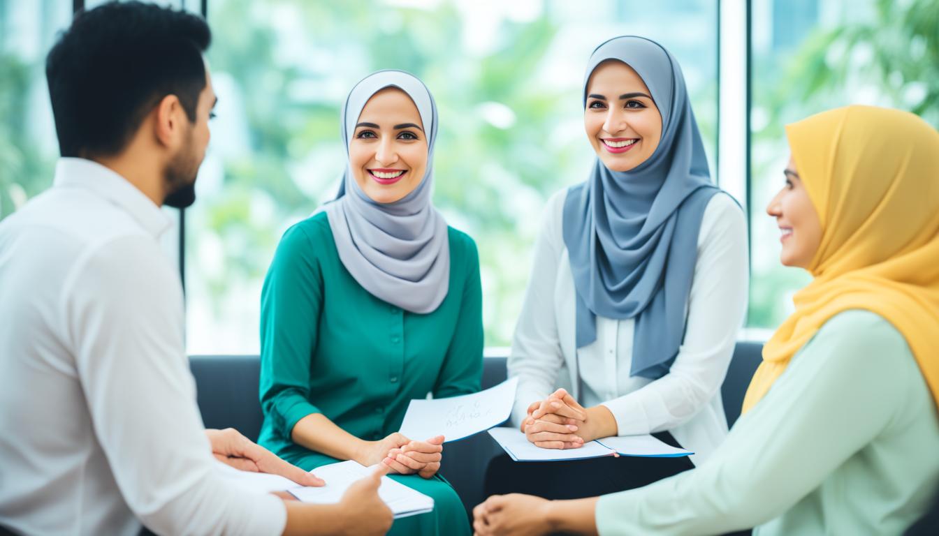 Konseling Pernikahan Terbuka untuk Pasangan Dua wanita dan satu pria berdiskusi dengan konselor di sesi konseling.